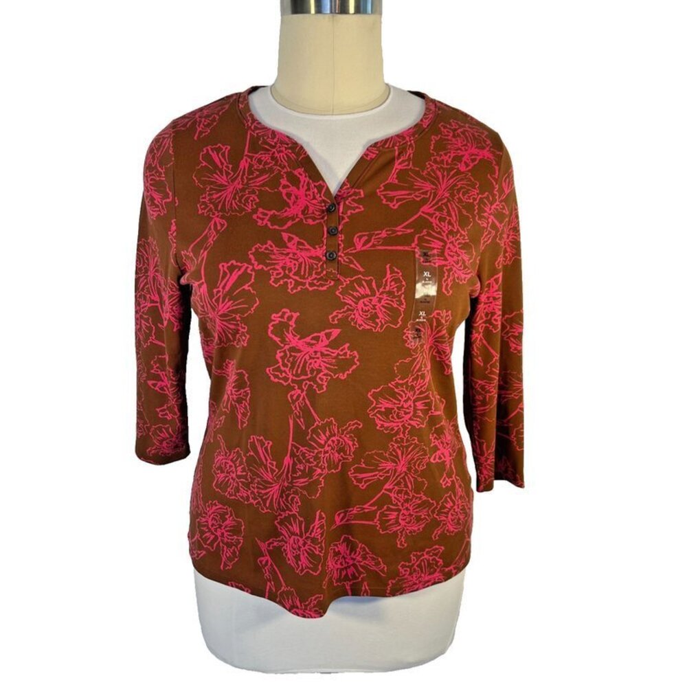 Style & Co 3/4 Sleeve Tee Shirt Women's L Pink Iris Floral over Brown Henley